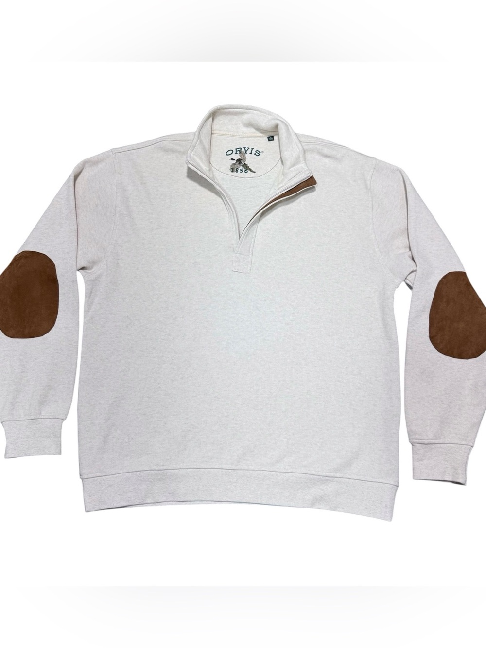 Orvis 1856 Men XL Quarter Zip Pullover Cream Brown Elbow Patch Cotton Sweatshirt